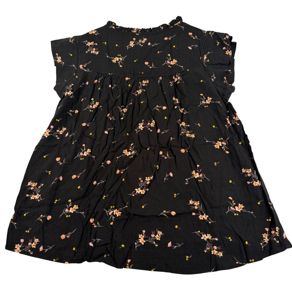 Buffalo David Bitton Womens Black Floral Cap Sleeve Ruffle Tie Neck Blouse M NEW